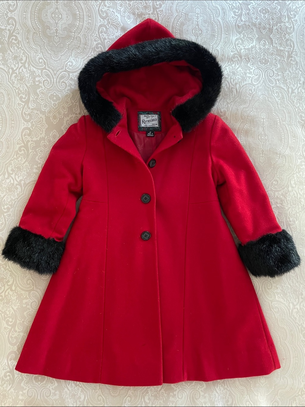 Rothschild Red Hooded Coat with Black Faux Fur Trim